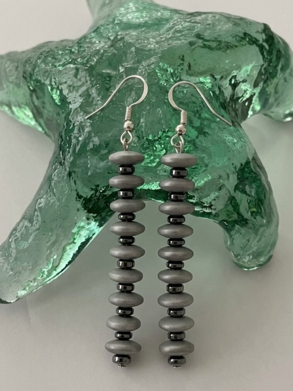 Black Hematite Gray Bead Dangle Earrings - Picture 3 of 3